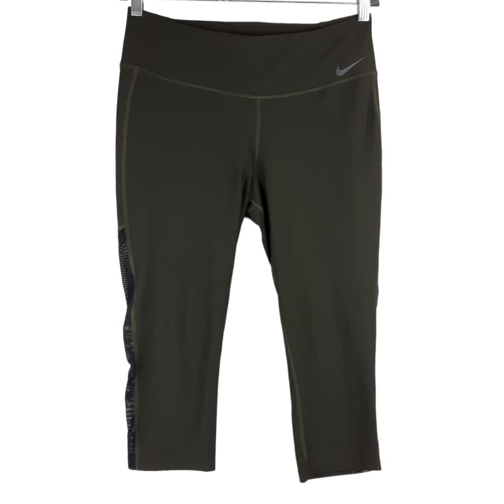Nike Dri-Fit Dark Green Cropped Leggings Side Mesh Capri Size Large